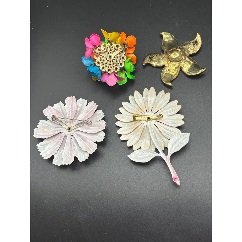 VTG 8 LARGE Flower Power Enamel Metal Brooch Pin Lot Retro 60s 70s( 1.75”-4”)